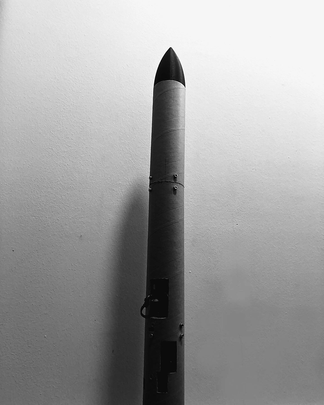 The EA-4 airframe standing during integration, access ports open
