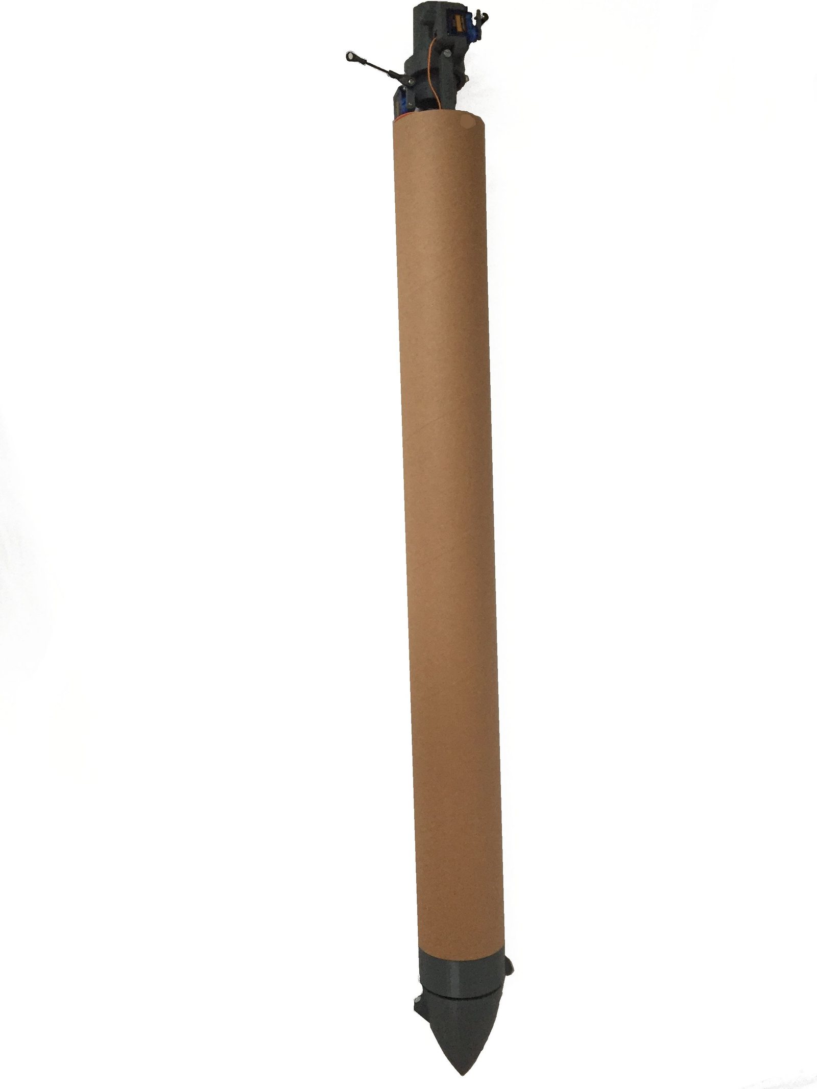 The EA-4 test airframe on a white background: a cardboard tube with printed end pieces